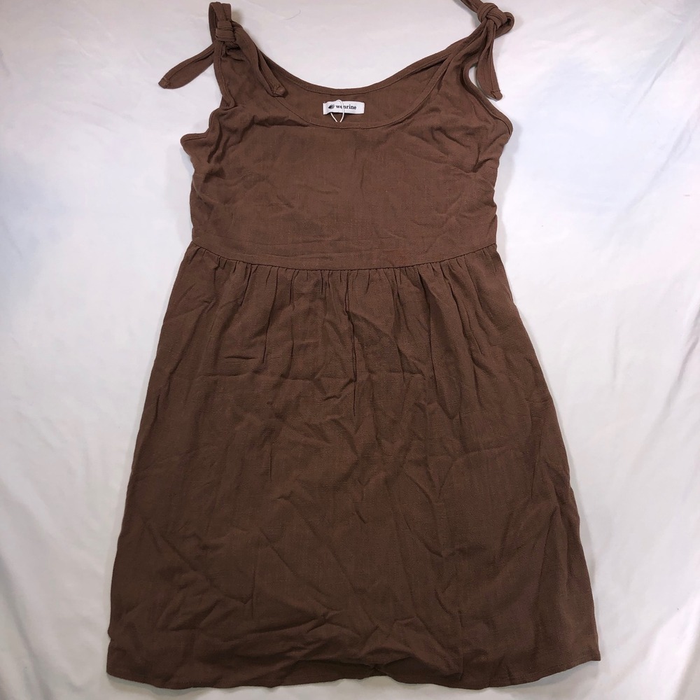 Wenrine Brown Sleeveless Tie Shoulder Linen Blend Mini Dress Womens Small